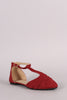 Qupid Braided T-Strap Pointy Toe Suede Flat