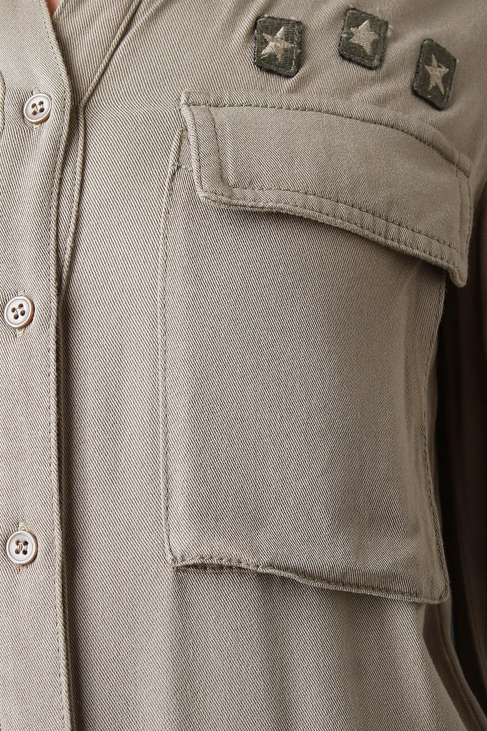 Patch Button Up Long Sleeve Jumpsuit