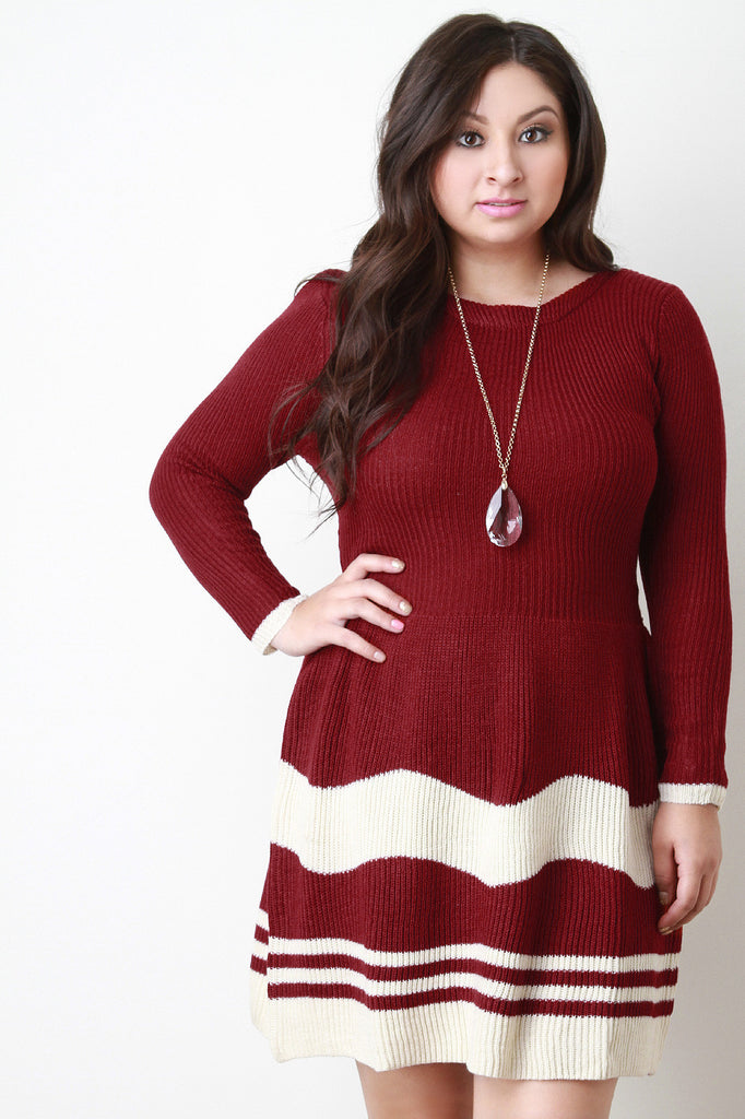 Stripe Knit Long Sleeves Fit And Flare Sweater Dress