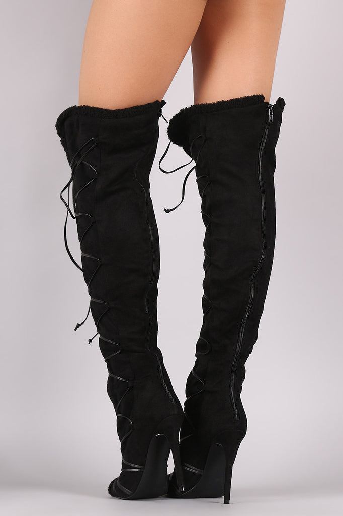 Privileged Shearling Trim Peep Toe Lace Up Stiletto Boots