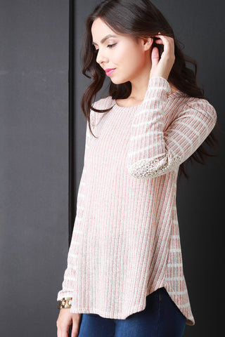 Striped Crochet Patch Long Sleeves Sweater Top
