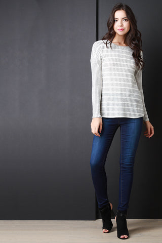 Back Button-Up Striped Long Sleeves Sweater Top
