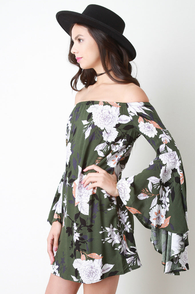 Floral Print Bell Sleeve Off-The-Shoulder Shift Dress