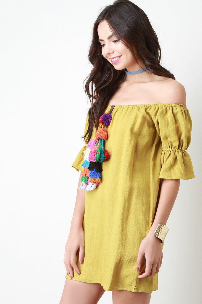 Colorful Tassel Ruched Sleeve Bardot Dress