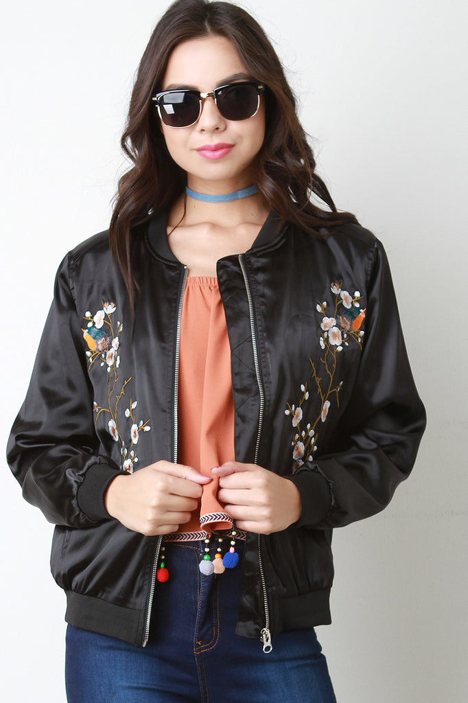 Floral Embroidered Charmeuse Bomber Jacket