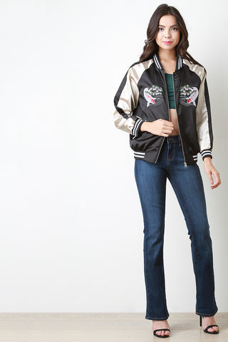 Two Tone Embroidered Charmeuse Bomber Jacket