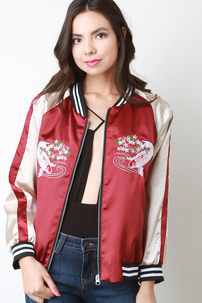Two Tone Embroidered Charmeuse Bomber Jacket