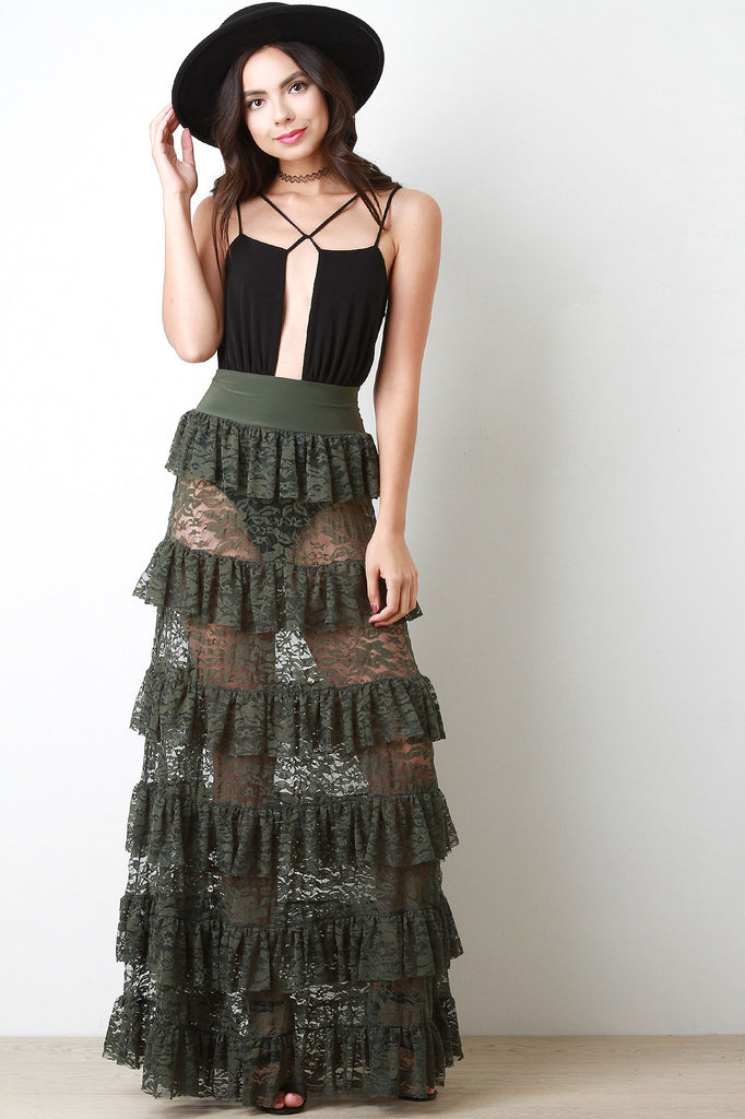 Semi-Sheer Floral Lace Ruffle Tier Maxi Skirt