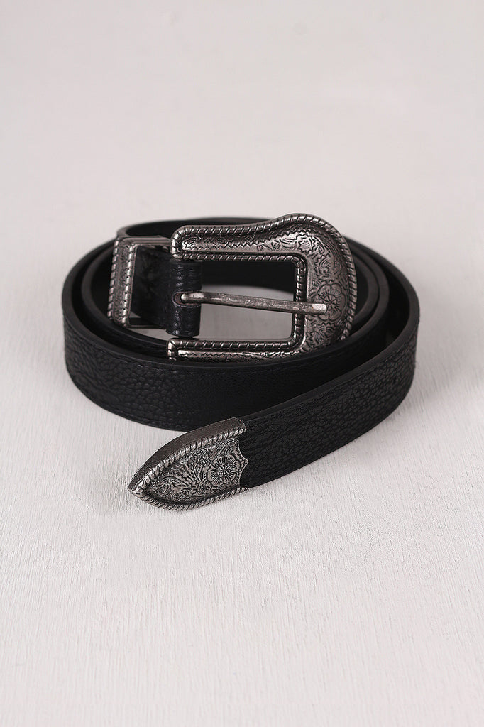 Floral Etched Buckle Textured Leather Belt