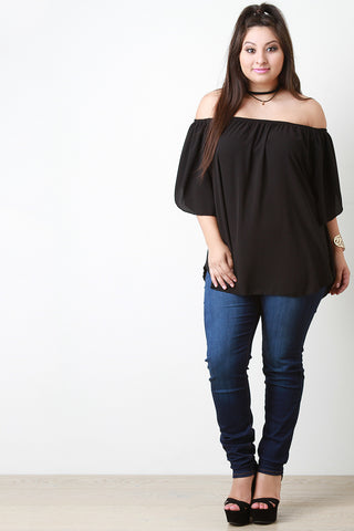 Off The Shoulder Slit Sleeves Textured Top