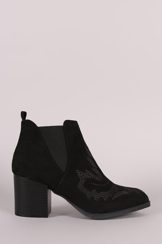 Qupid Embroidered Chunky Heeled Western Booties