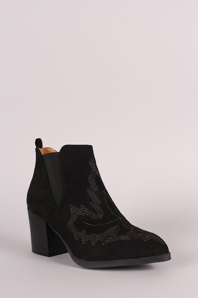Qupid Embroidered Chunky Heeled Western Booties