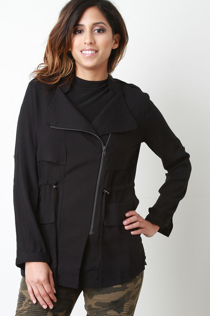 Drawstring Waist Long Sleeves Utility Jacket