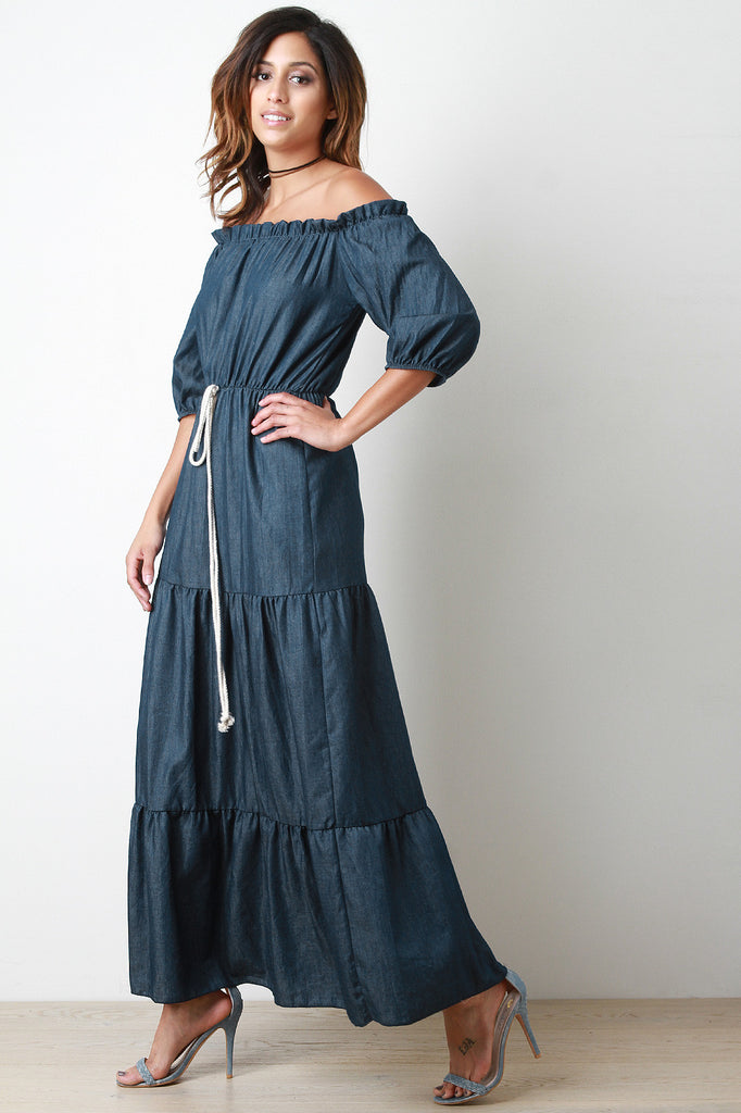 Chambray Puff Sleeves Off-The-Shoulder Tier Maxi Dress