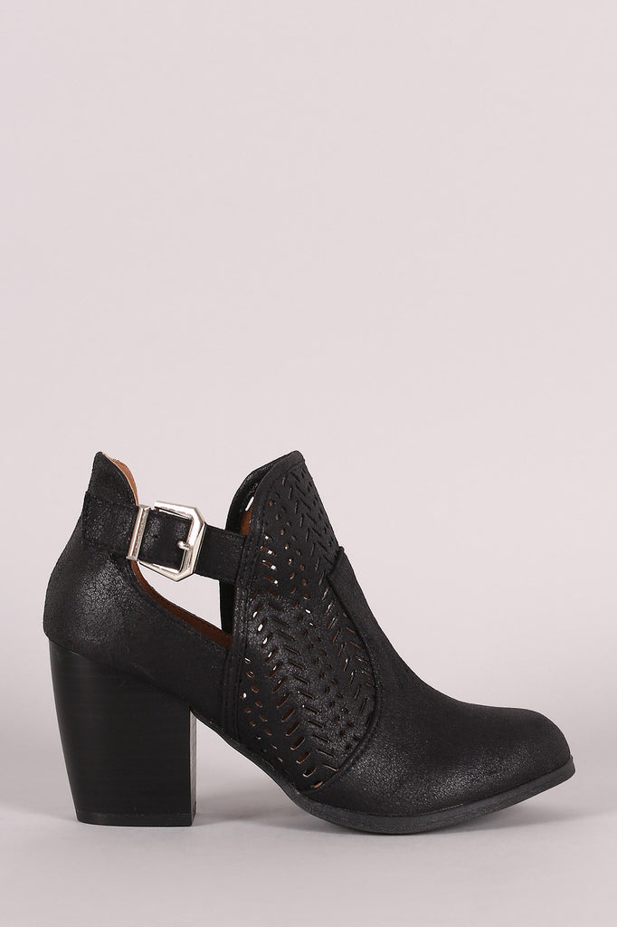 Qupid Perforated Buckle Distressed Chunky Heeled Booties