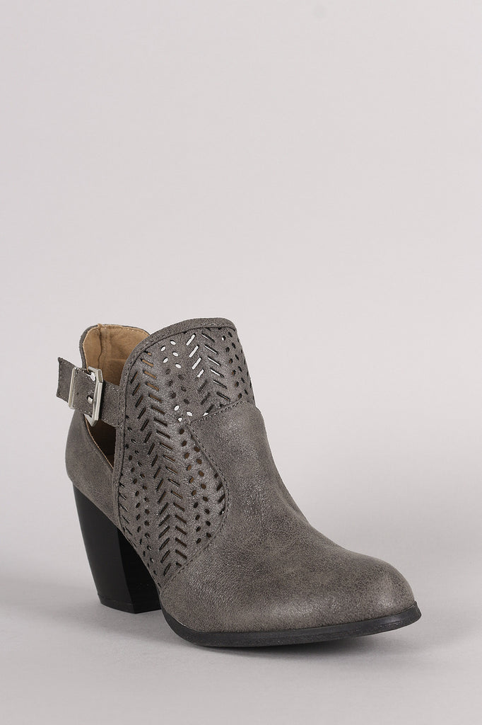 Qupid Perforated Buckle Distressed Chunky Heeled Booties