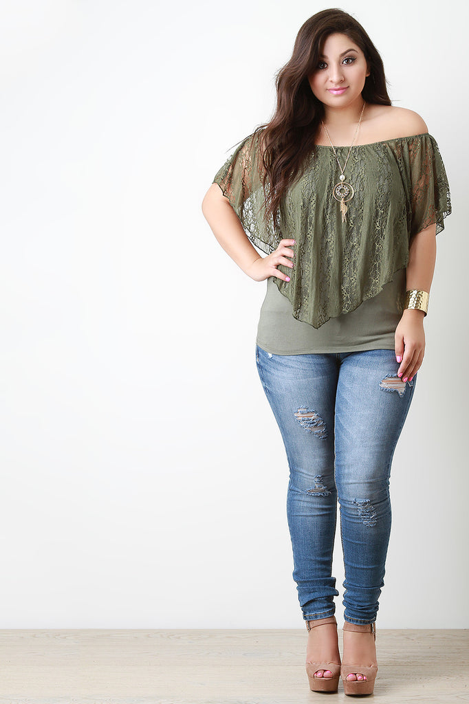 Lace Overlay Off The Shoulder Necklace Top