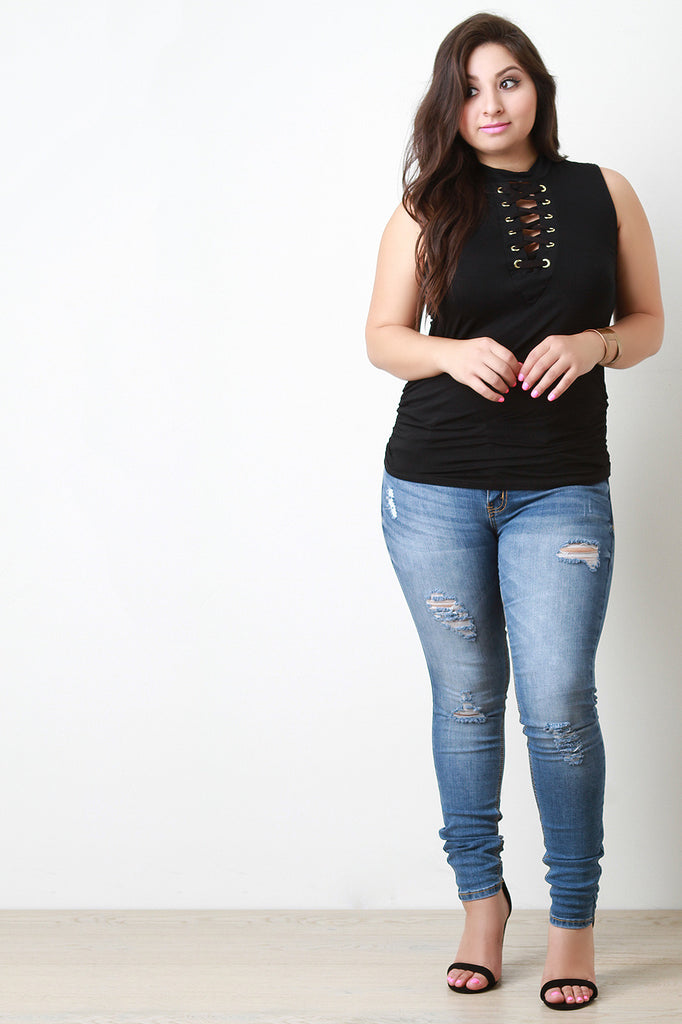 Mock Neck Corset Lace Up Sleeveless Top