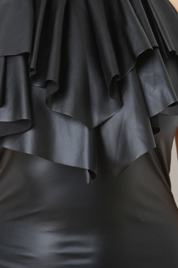 Vegan Leather Ruffle Mock Collar Midi Dress