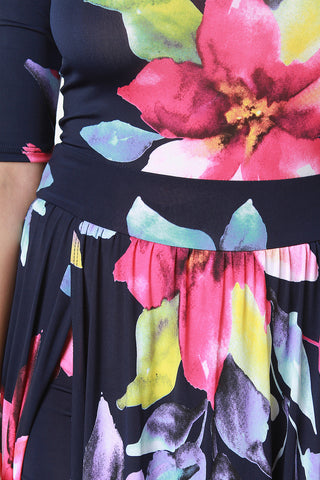 Floral Pattern High Vent Slit Bardot Maxi Dress