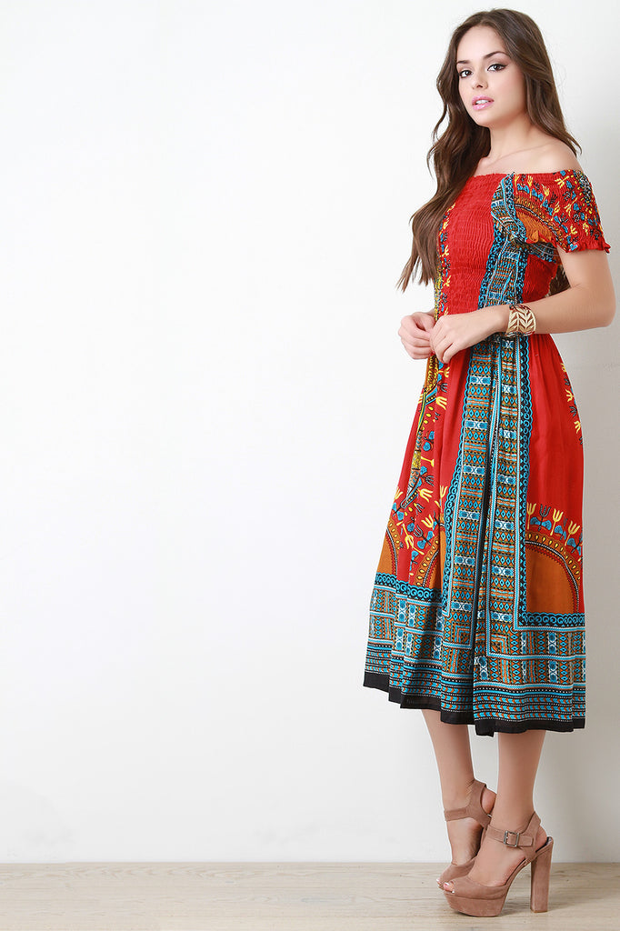 Off The Shoulder Dashiki Print Smocked Midi Dress