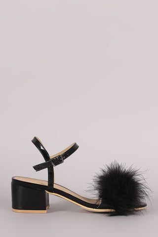 Fur Open Toe Ankle Strap Block Heeled Sandal