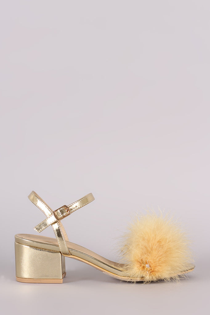 Fur Open Toe Ankle Strap Block Heeled Sandal