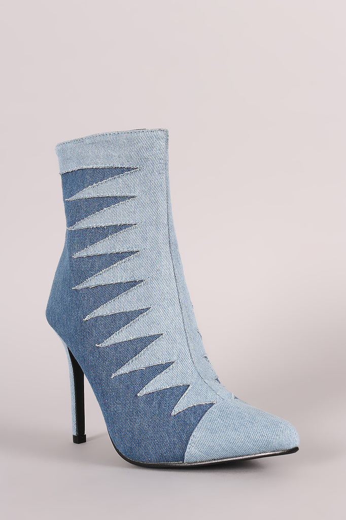 Two Tone Denim Patchwork Pointy Toe Booties