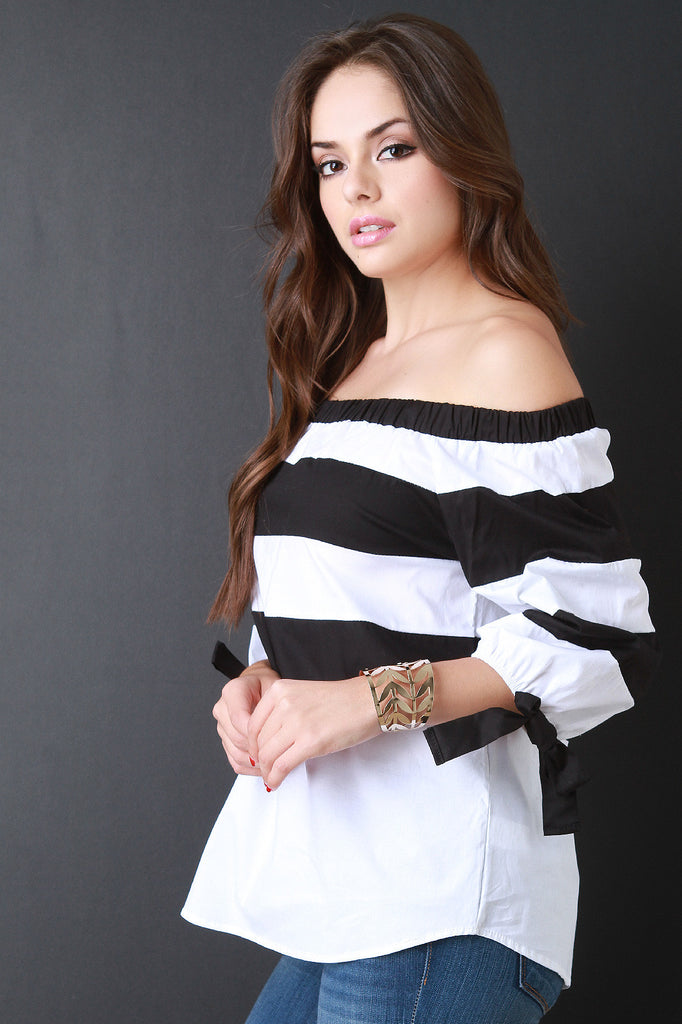 Off The Shoulder Stripe Bow Cuff Blouse