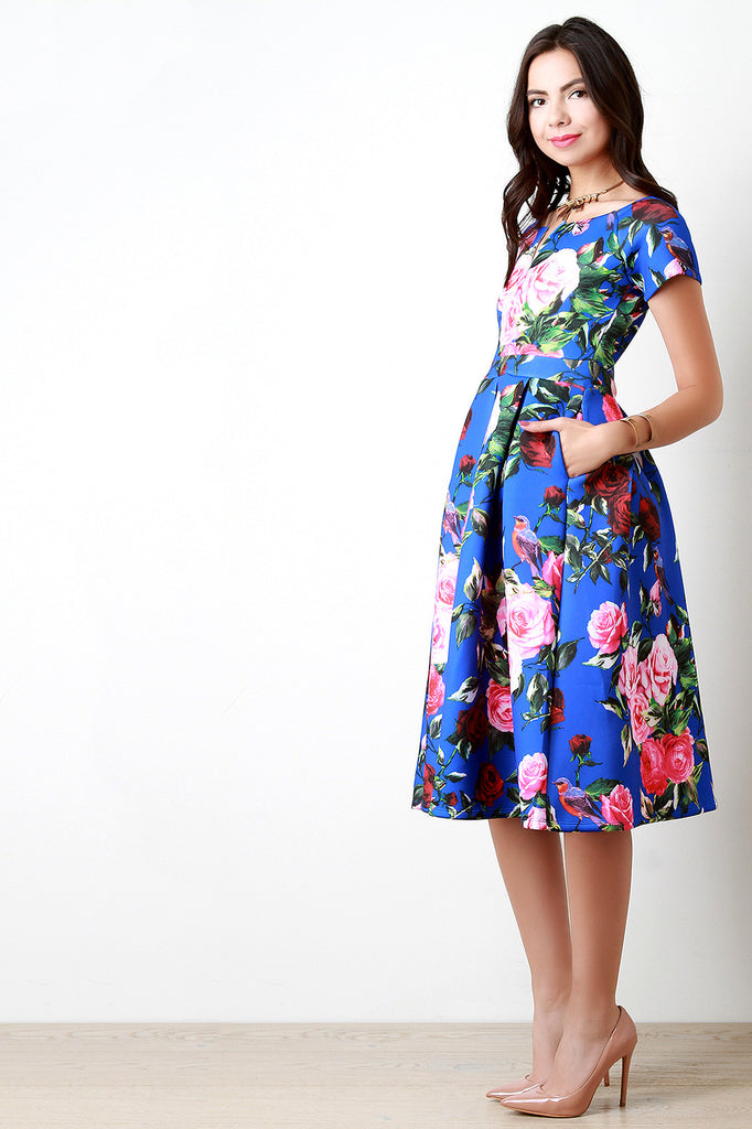 Neoprene Boat Neck Pleated Rosette Dress