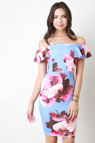 Floral Print Ruffle Sleeves Bardot Dress