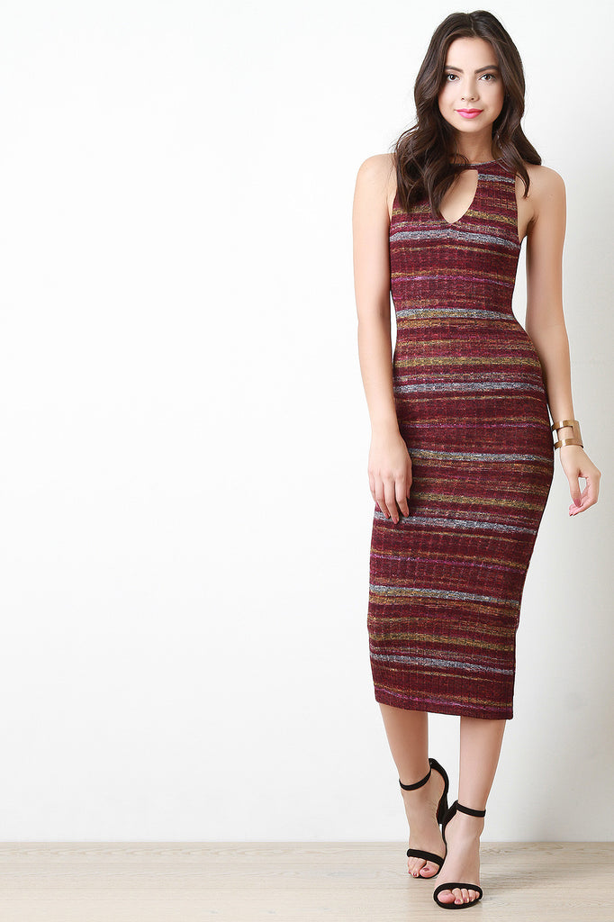 Marled Ribbed Knit Striped Midi Dress