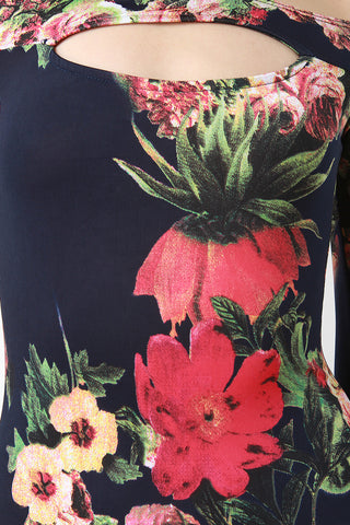 Floral Cut Out Long Sleeve Bardot Dress