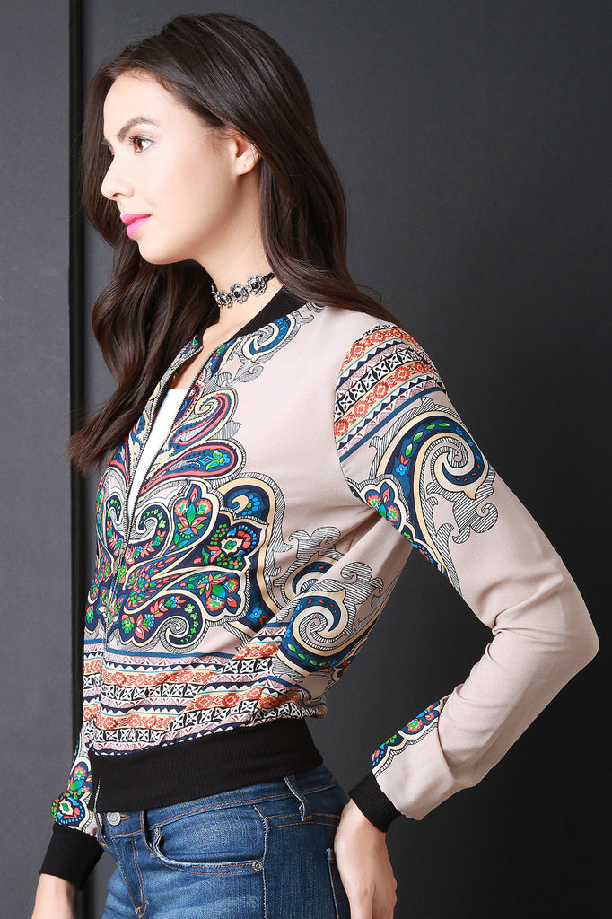 Paisley Boho Print Rib Knit Trim Bomber Jacket