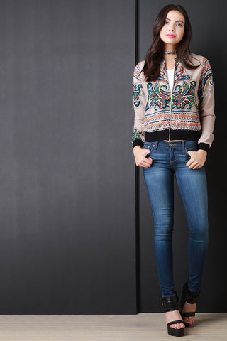 Paisley Boho Print Rib Knit Trim Bomber Jacket