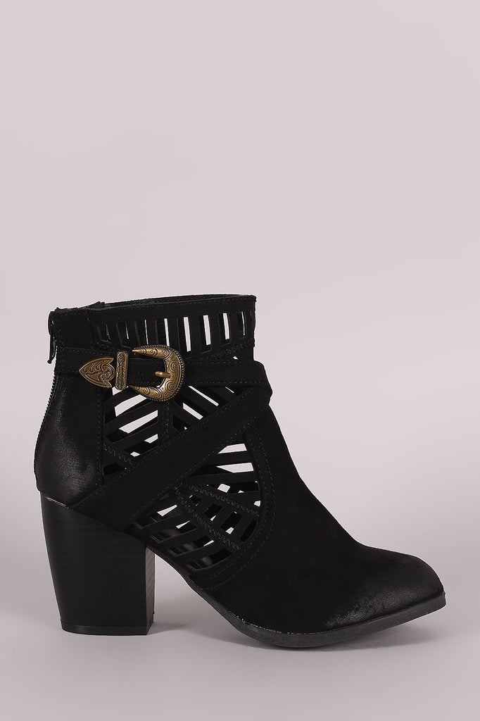 Qupid Suede Geo Cutout Buckled Chunky Heeled Booties