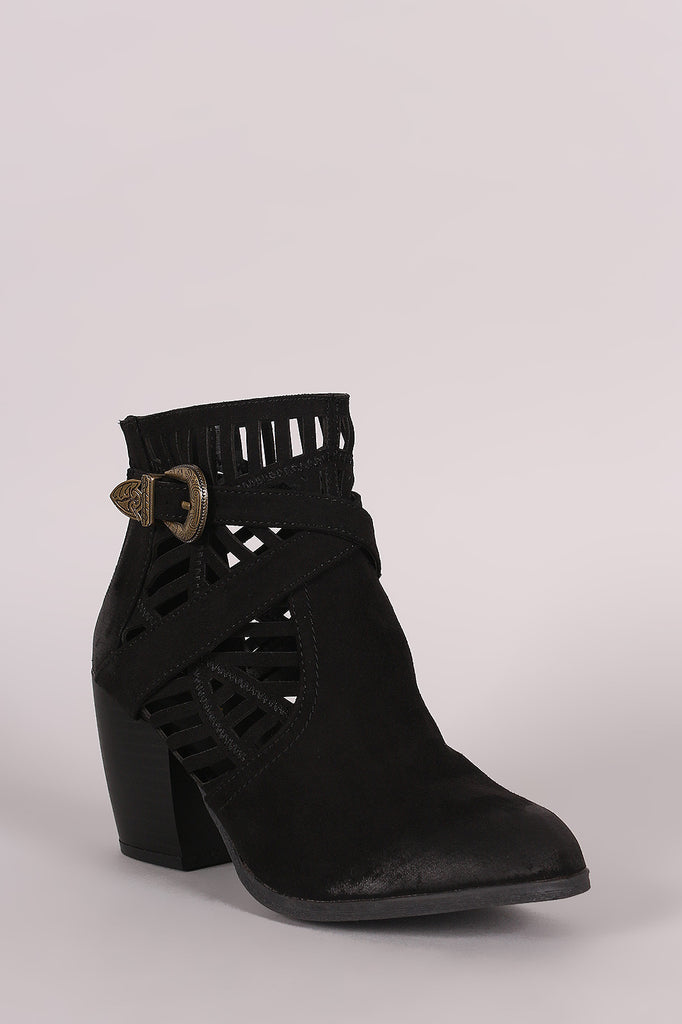Qupid Suede Geo Cutout Buckled Chunky Heeled Booties