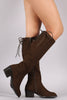 Bamboo Suede Back Lace Up Block Heeled Knee High Boots