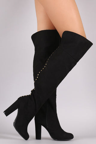 Bamboo Suede Studded Back Chunky Heeled Boots